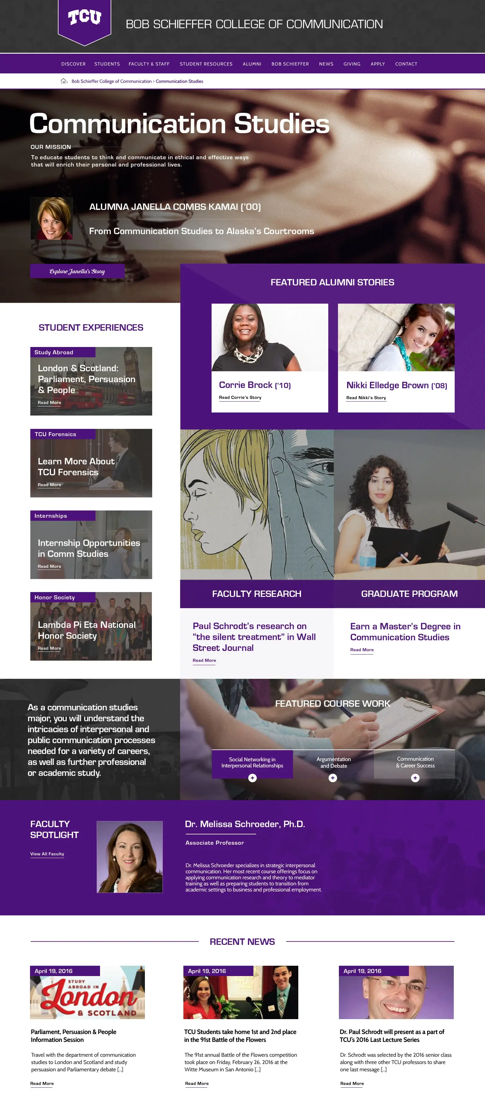 TCU College of Communication Website Preview School of Communication Studies